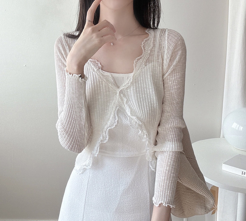 래램 여리핏 시스루 레이스 크롭 가디건 자외선차단 여름 긴팔 볼레로 벚꽃룩 상세 이미지 4